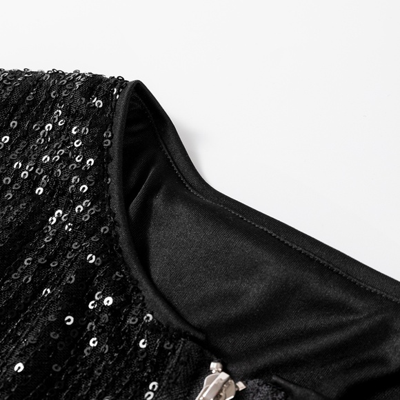 Black Sequin Zip up Round Neck Long Sleeve Jacket - Picture 12 of 16